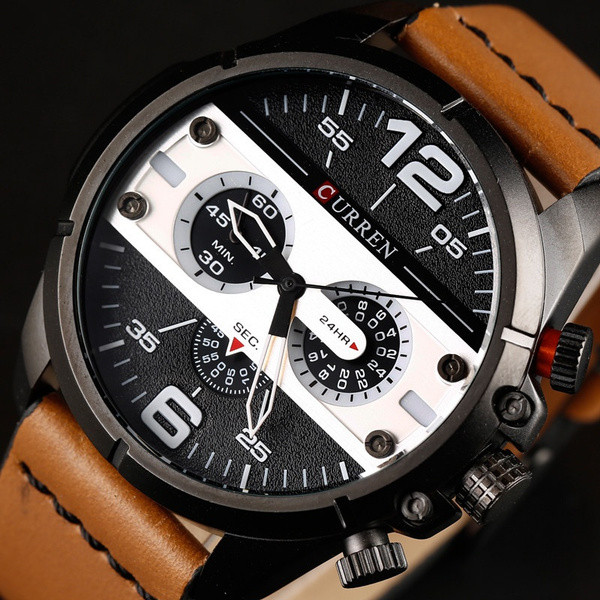 CURREN Mens Watch Leather Strap Waterproof Analog Quartz Watch,Decorative Three Sub-dials