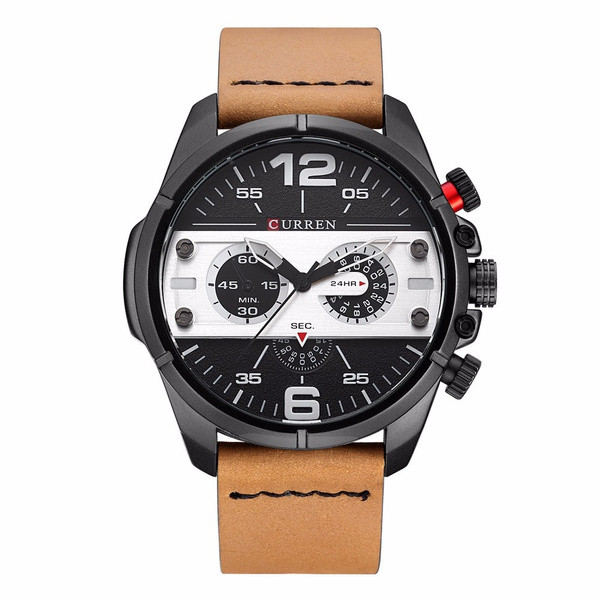 CURREN Mens Watch Leather Strap Waterproof Analog Quartz Watch,Decorative Three Sub-dials